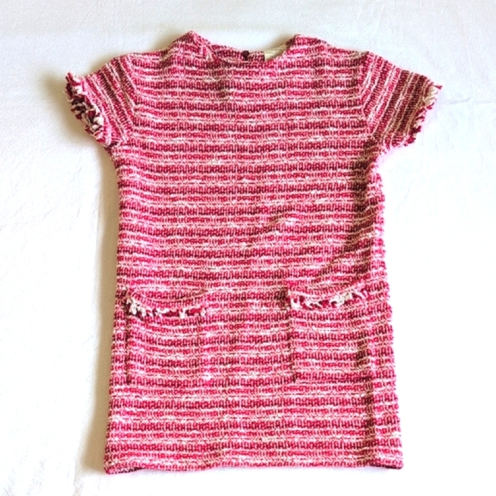 Zara Girls Red & White Tweed Bouclé Shift Dress Chanel Style Fringed 6